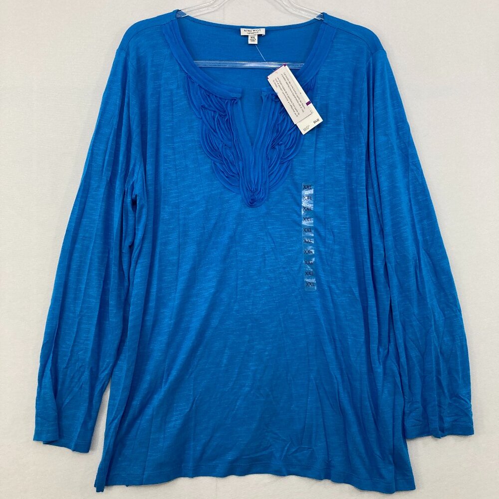 New Nine West size XXL Blue Split Neck Stretch Knit Long Sleeve Popover Blouse